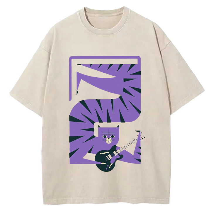 Cat and Guitar Abstract Art Washed Crew Neck T-Shirt