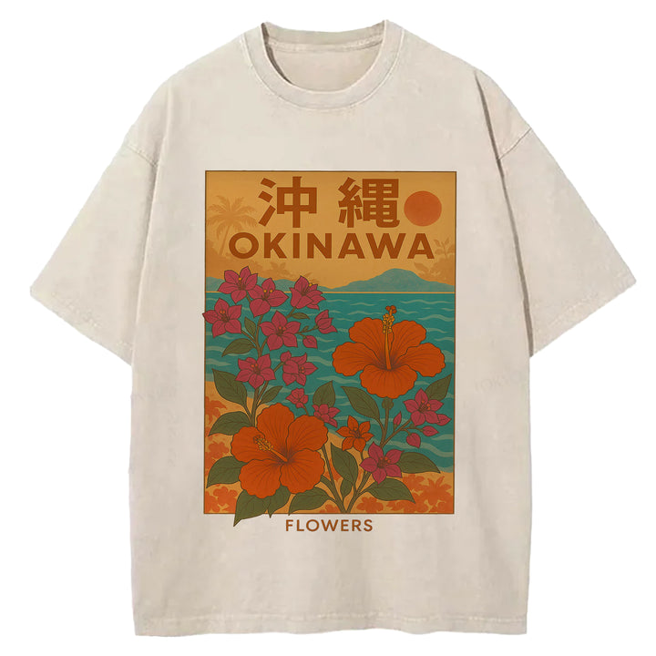 OKINAWA Flowers Design Washed Crew Neck T-Shirt