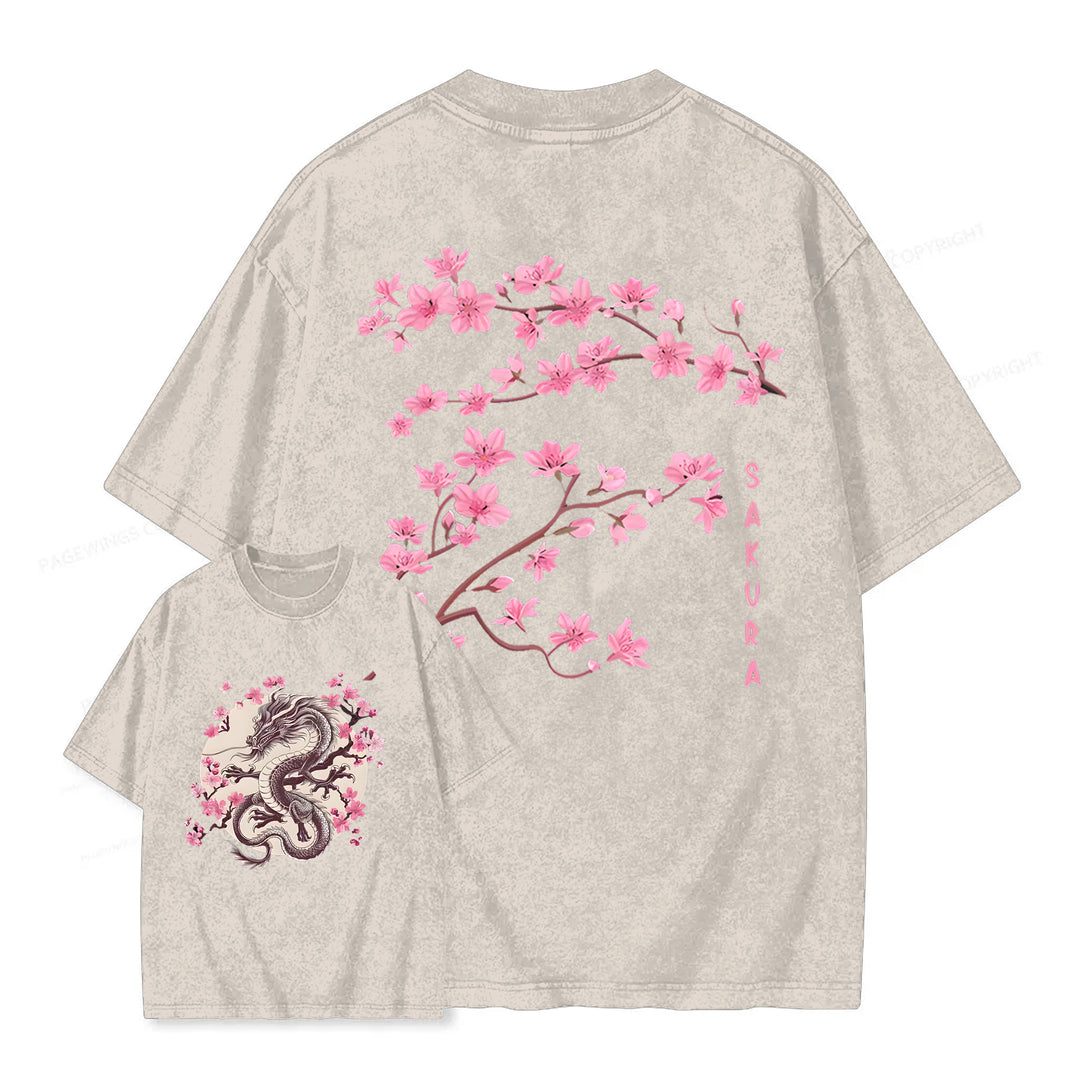 Sakura & Dragon Washed Crew Neck T-Shirt