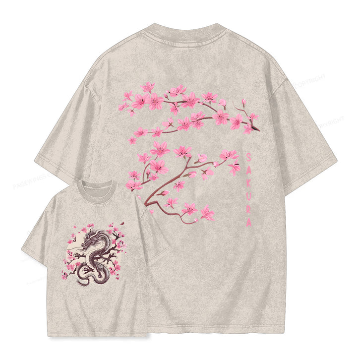 Sakura & Dragon Washed Crew Neck T-Shirt