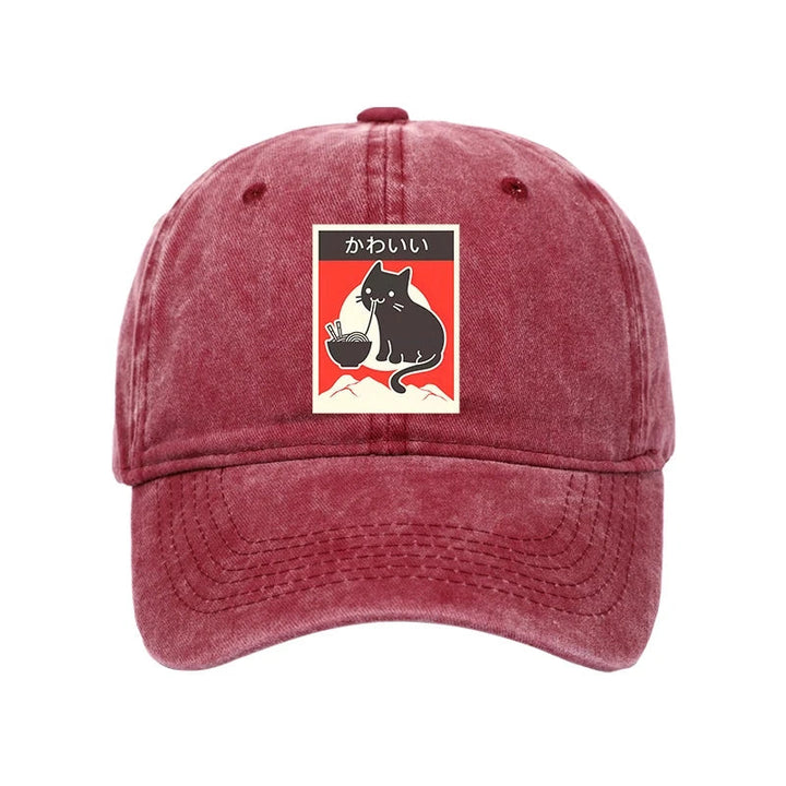 "Kawaii" Vintage Style Japenese Ramen Cat Washed Cap