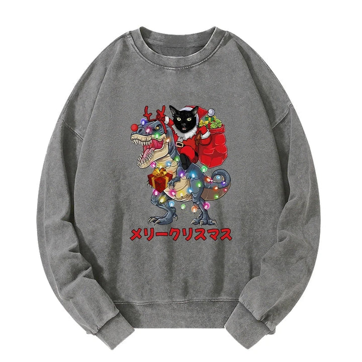 Cat Riding Dinosaur Christmas Washed Sweatshirt