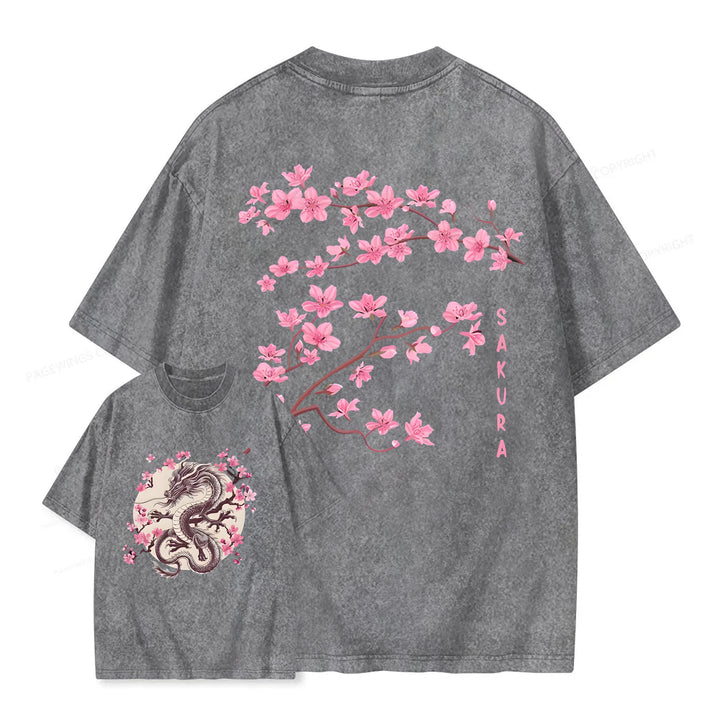 Sakura & Dragon Washed Crew Neck T-Shirt