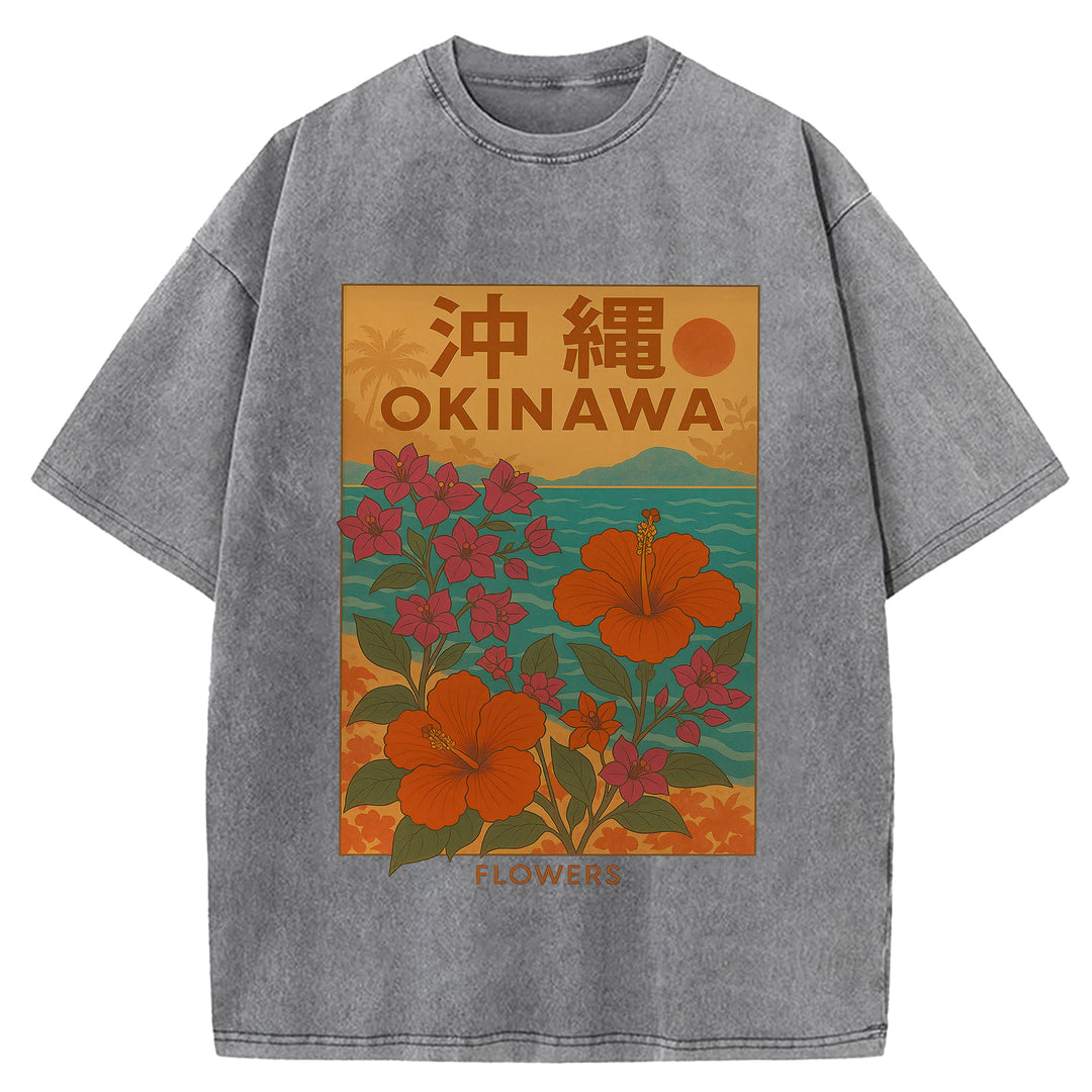 OKINAWA Flowers Design Washed Crew Neck T-Shirt