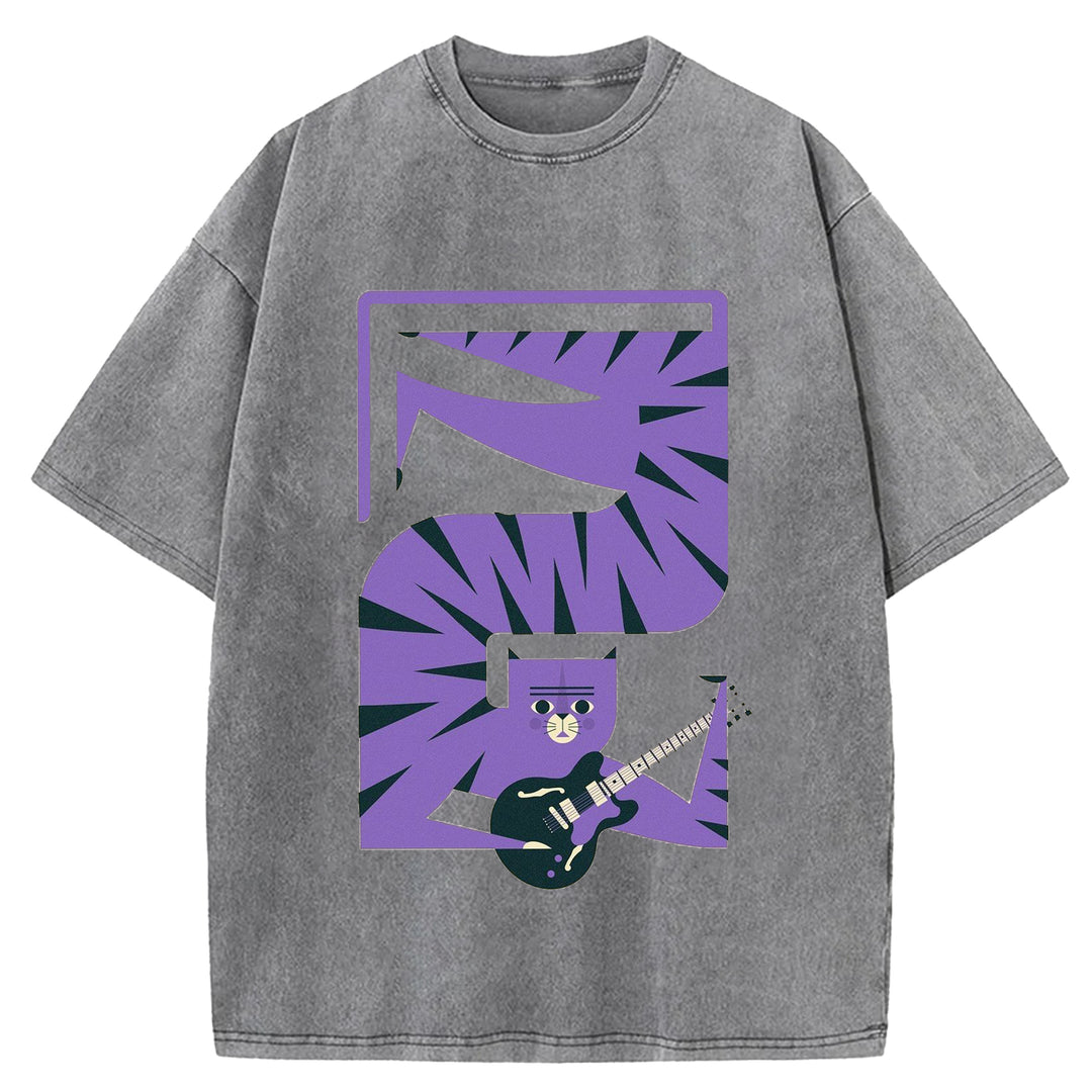 Cat and Guitar Abstract Art Washed Crew Neck T-Shirt