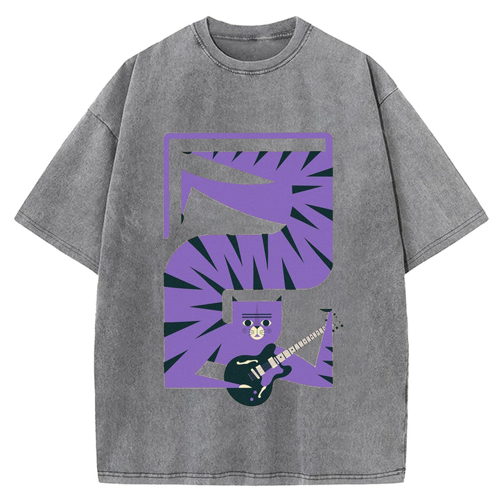 Cat and Guitar Abstract Art Washed Crew Neck T-Shirt