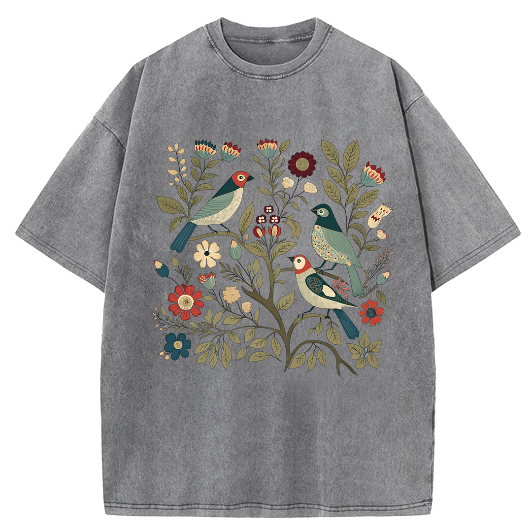 Vintage Flowers Design Washed Crew Neck T-Shirt