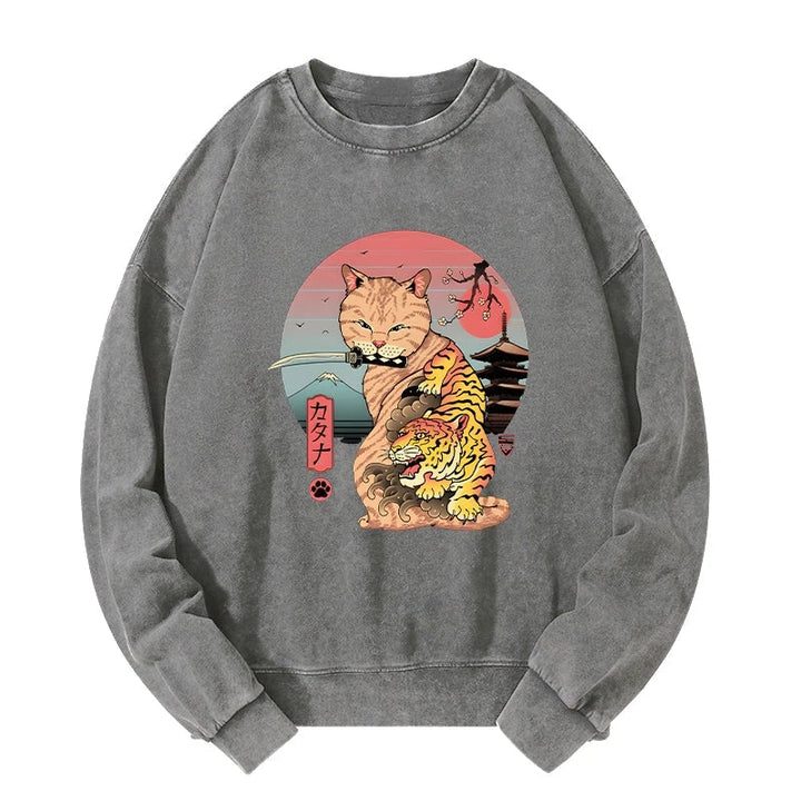 Katana Cat Tattoo Washed Sweatshirt
