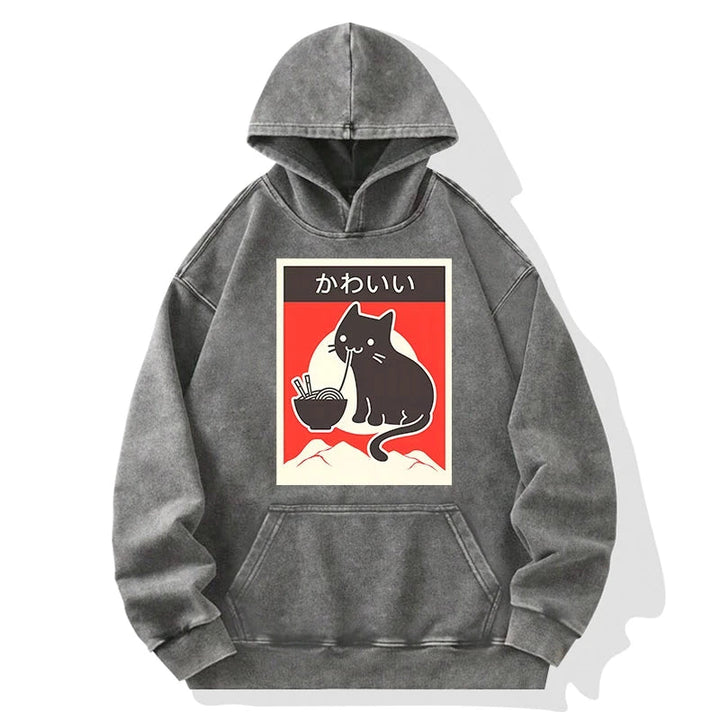 Kawaii Vintage Ramen Cat Washed Hoodie