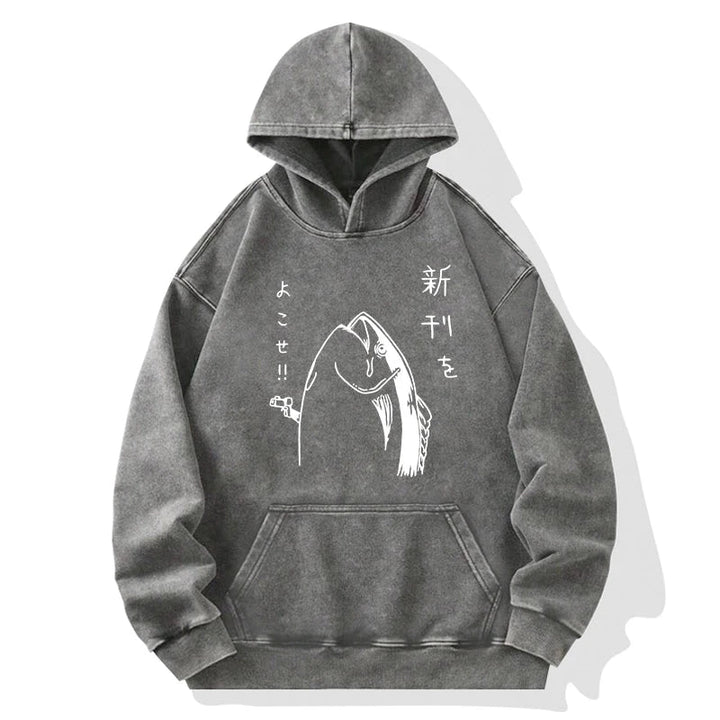 Japanese Fish Hold Up White Washed Hoodie