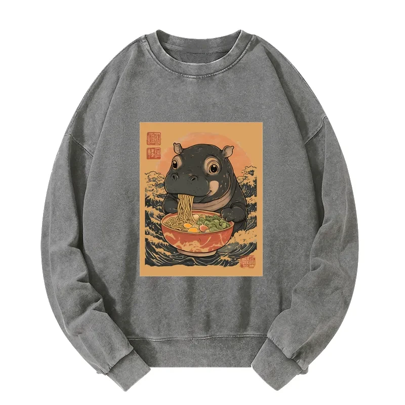 Moo Deng Eat Ramen Washed Sweatshirt