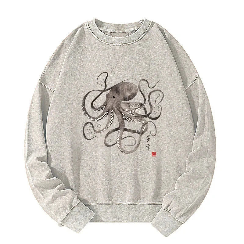 Octopus Japanese Calligraphy Washed Sweatshirt