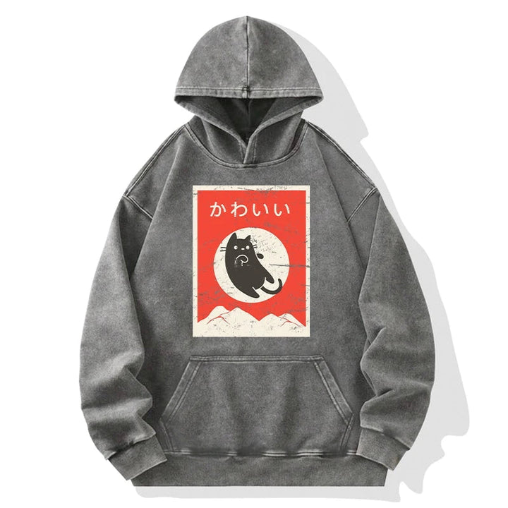 Cute Black Cat Japanese Washed Hoodie