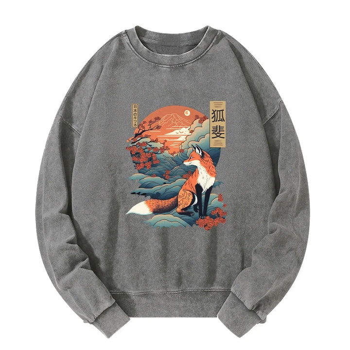 Japanese Kitsune Fox Sakura Washed Sweatshirt