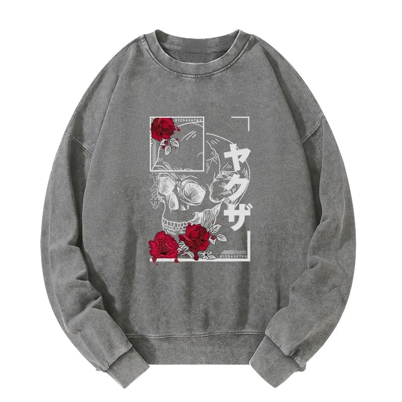 Skull Roses Japanese Aesthetic Washed Sweatshirt