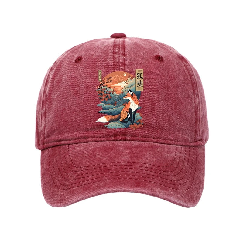 Japanese Kitsune Fox Sakura Washed Cap