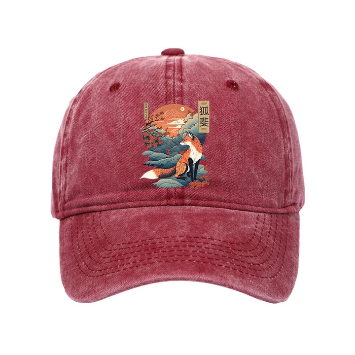Japanese Kitsune Fox Sakura Washed Cap