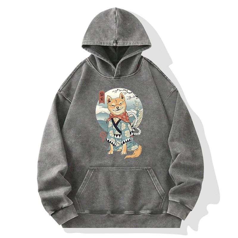 Samurai Shiba Dog Japanese Washed Hoodie