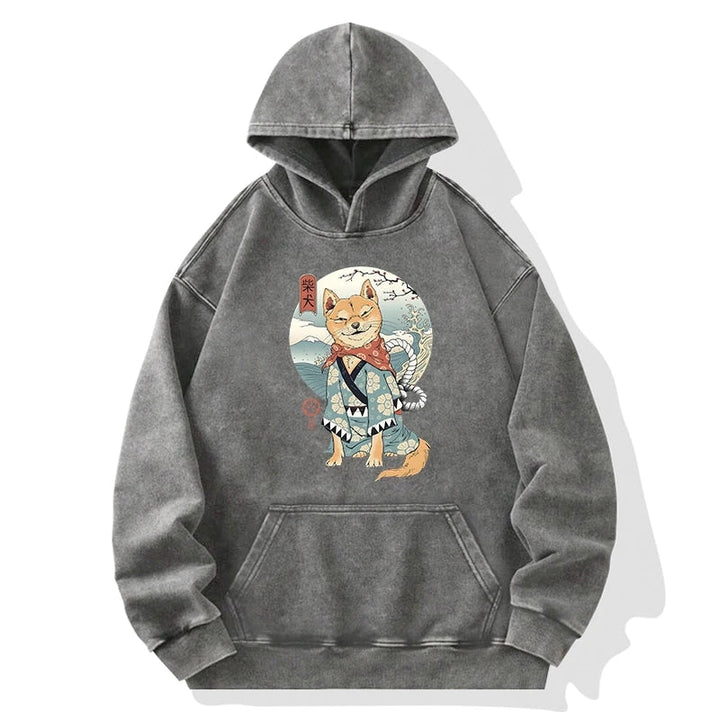 Samurai Shiba Dog Japanese Washed Hoodie