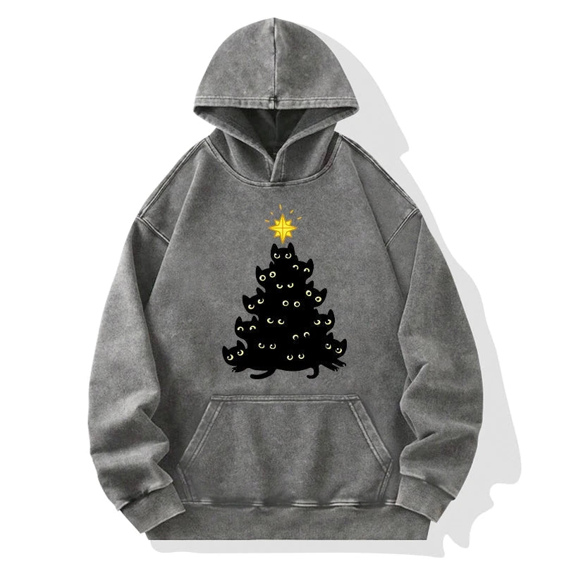 Black Cat Christmas Tree Washed Hoodie