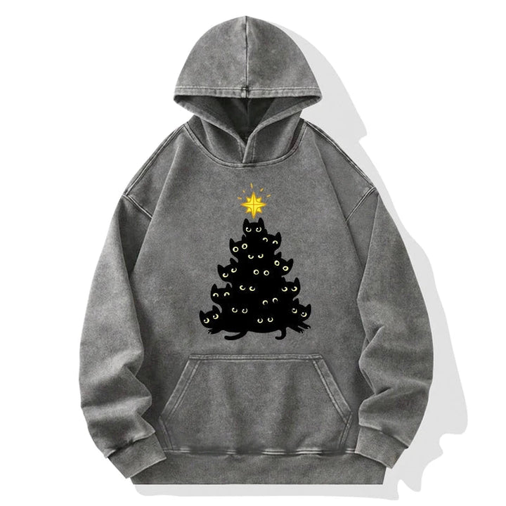 Black Cat Christmas Tree Washed Hoodie