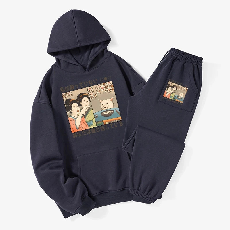 Japanese Woman Shouting at a Cat Fleece Lined Hoodie Set