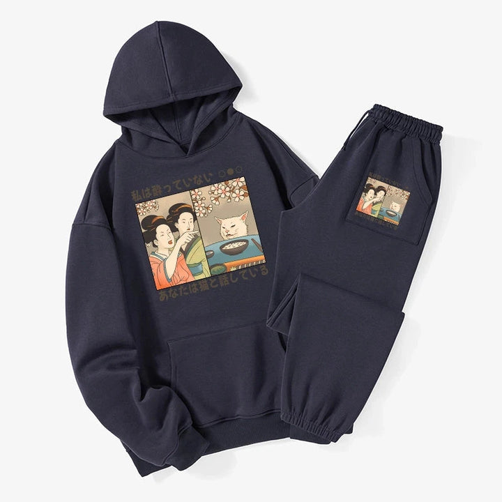 Japanese Woman Shouting at a Cat Fleece Lined Hoodie Set