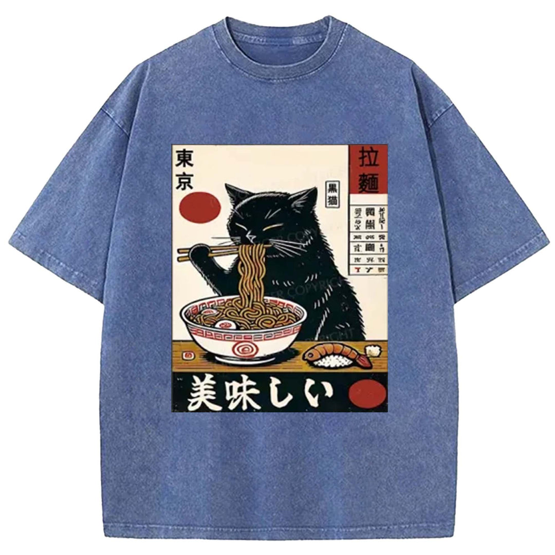 Black Cat Eating Ramen Washed Crew Neck T-Shirt