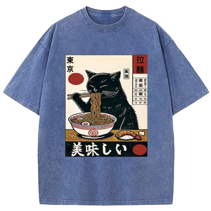 Black Cat Eating Ramen Washed Crew Neck T-Shirt