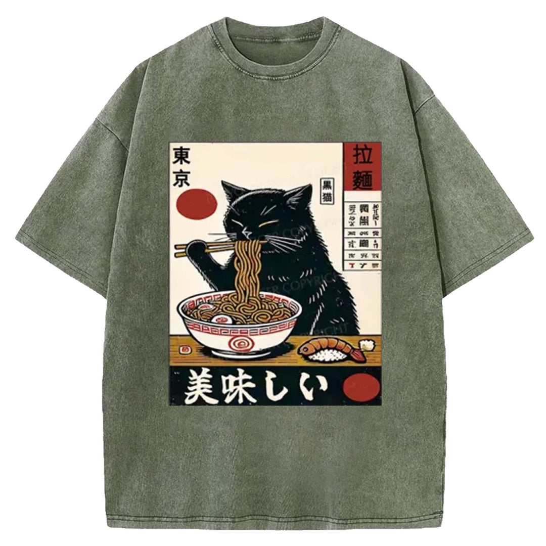 Black Cat Eating Ramen Washed Crew Neck T-Shirt