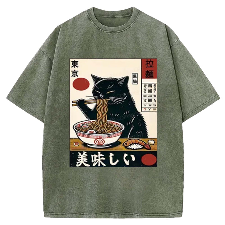 Black Cat Eating Ramen Washed Crew Neck T-Shirt