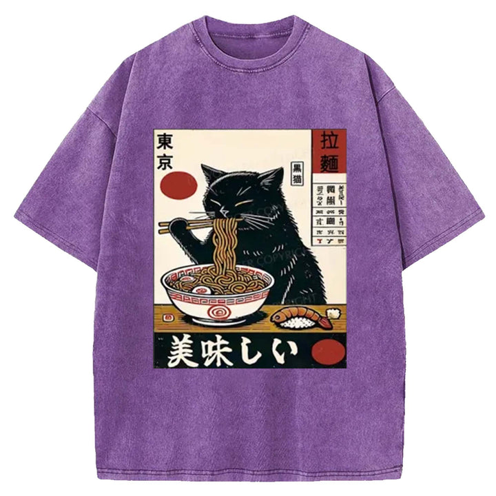 Black Cat Eating Ramen Washed Crew Neck T-Shirt