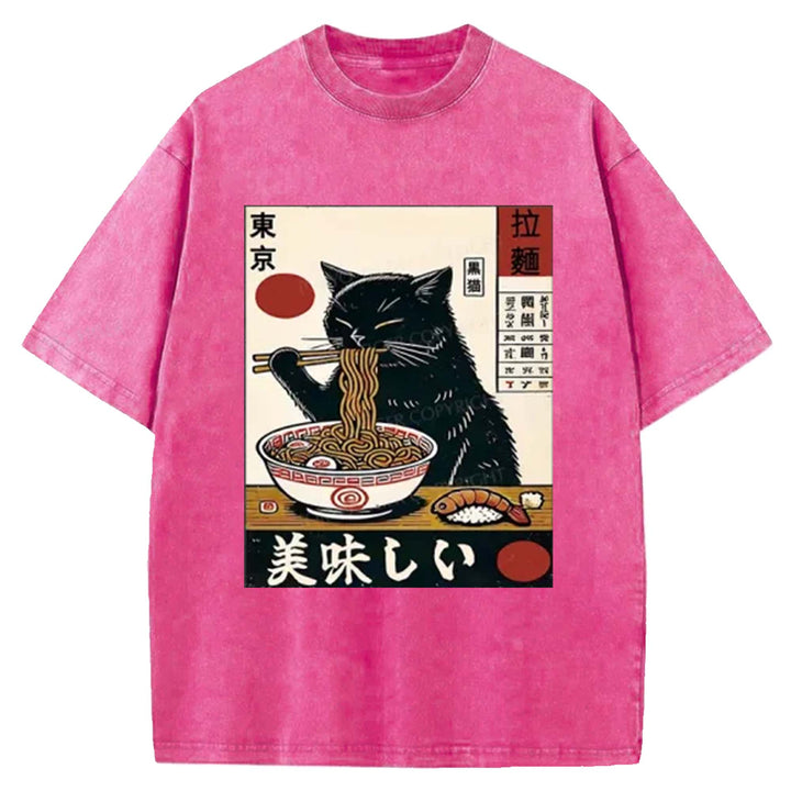 Black Cat Eating Ramen Washed Crew Neck T-Shirt