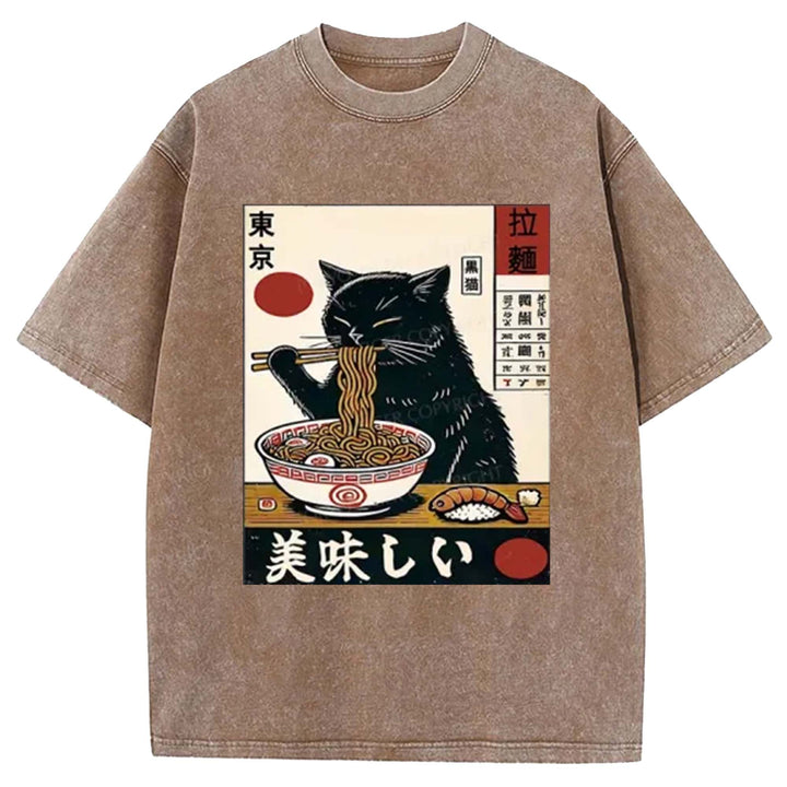 Black Cat Eating Ramen Washed Crew Neck T-Shirt