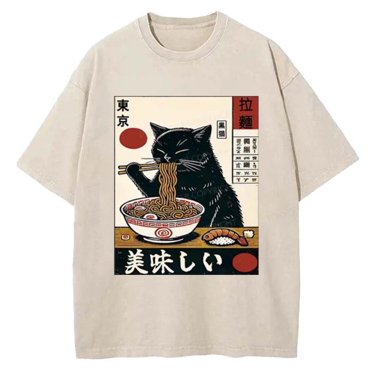 Black Cat Eating Ramen Washed Crew Neck T-Shirt