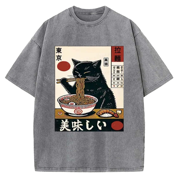 Black Cat Eating Ramen Washed Crew Neck T-Shirt