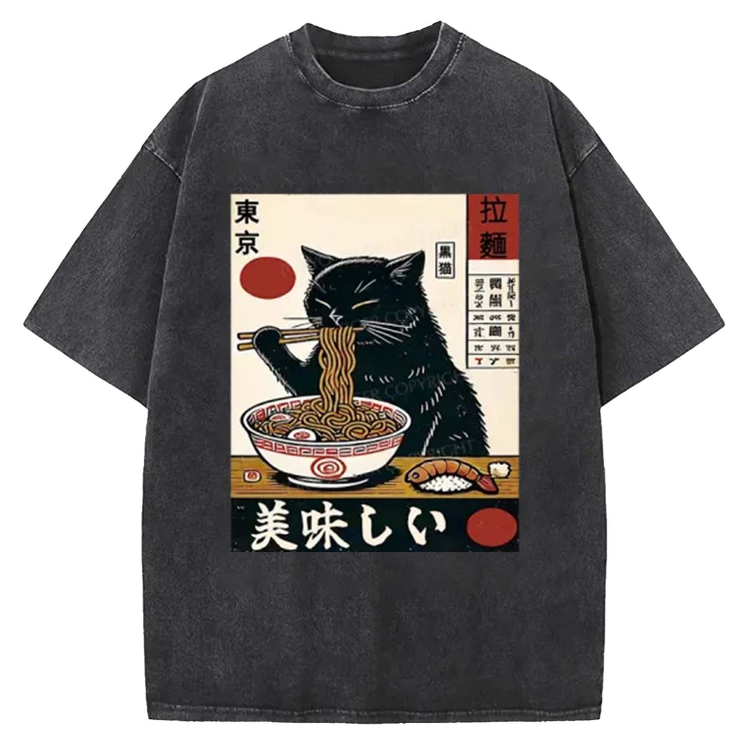 Black Cat Eating Ramen Washed Crew Neck T-Shirt
