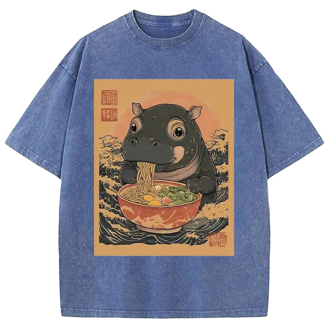 Hippo Eats Ramen Washed Crew Neck T-shirt