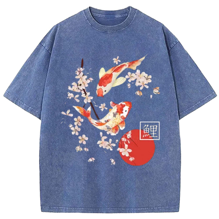 Traditional Asian Cherry Blossom Art Washed Crew Neck T-Shirt