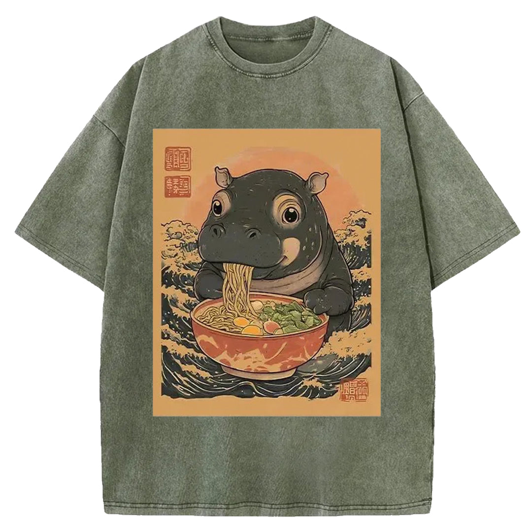 Hippo Eats Ramen Washed Crew Neck T-shirt
