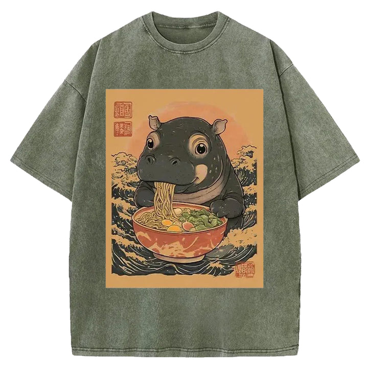 Hippo Eats Ramen Washed Crew Neck T-shirt