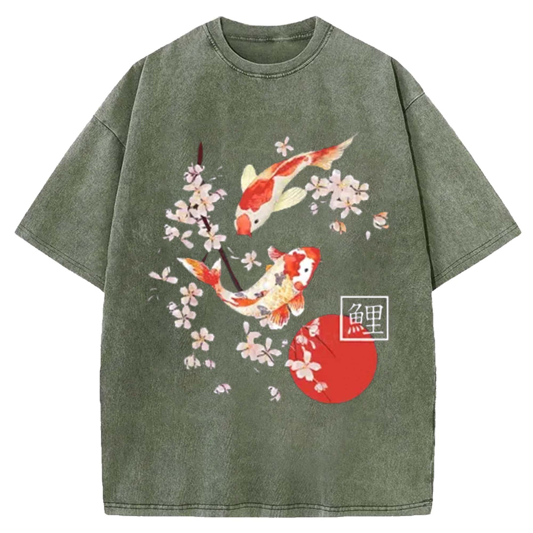 Traditional Asian Cherry Blossom Art Washed Crew Neck T-Shirt