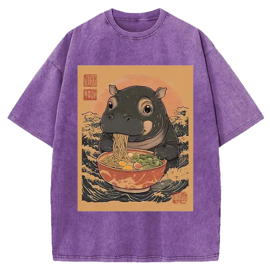 Hippo Eats Ramen Washed Crew Neck T-shirt