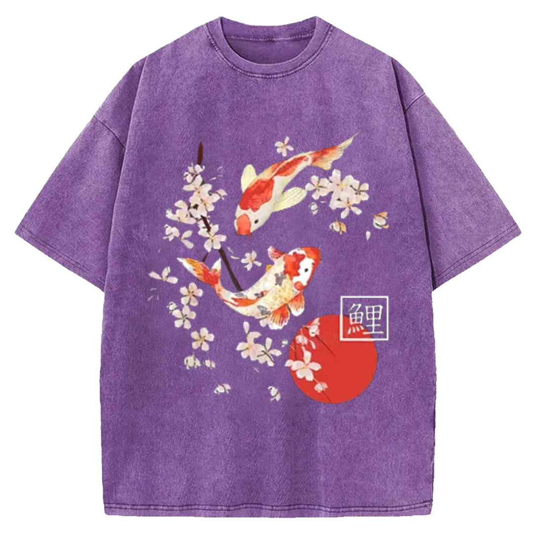 Traditional Asian Cherry Blossom Art Washed Crew Neck T-Shirt