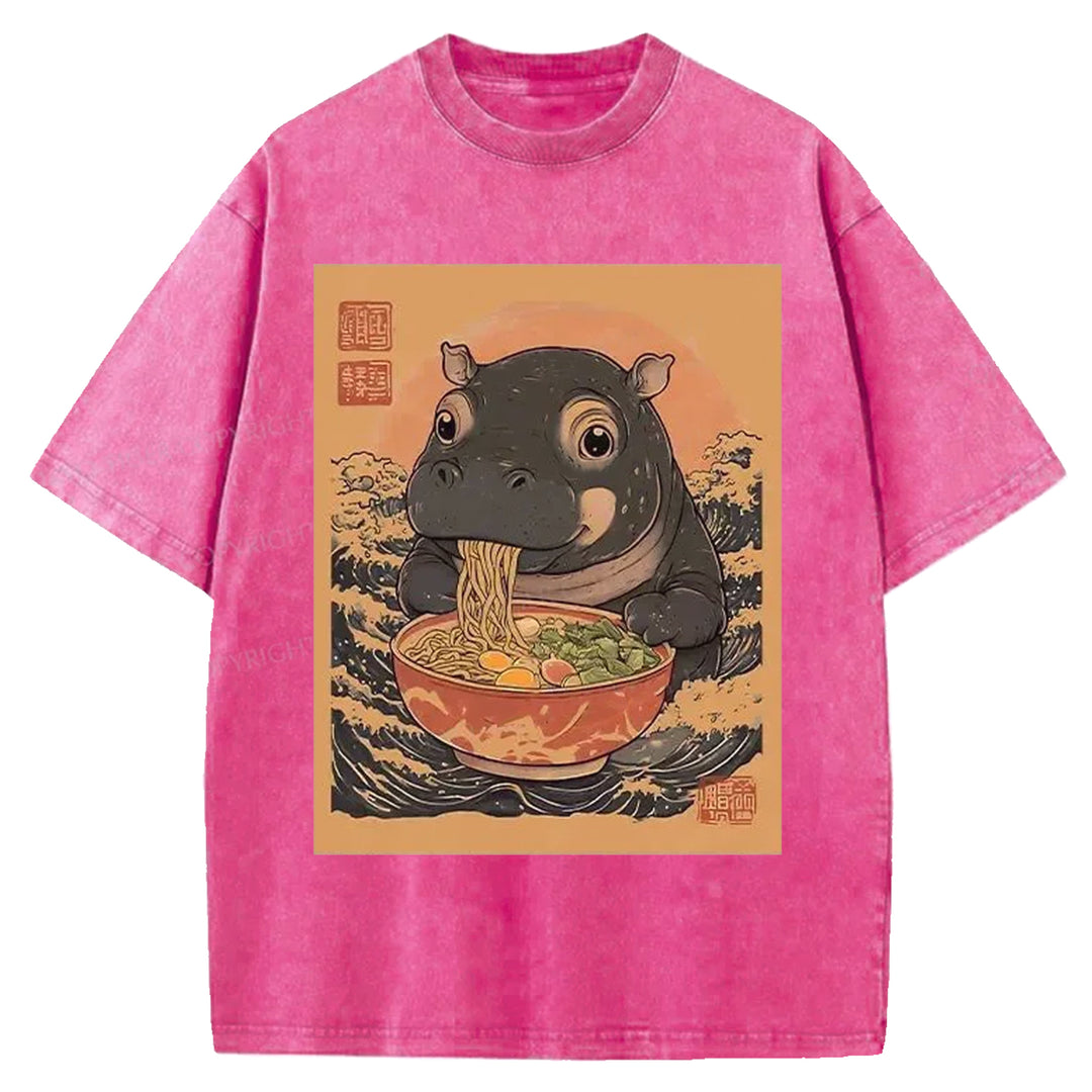 Hippo Eats Ramen Washed Crew Neck T-shirt