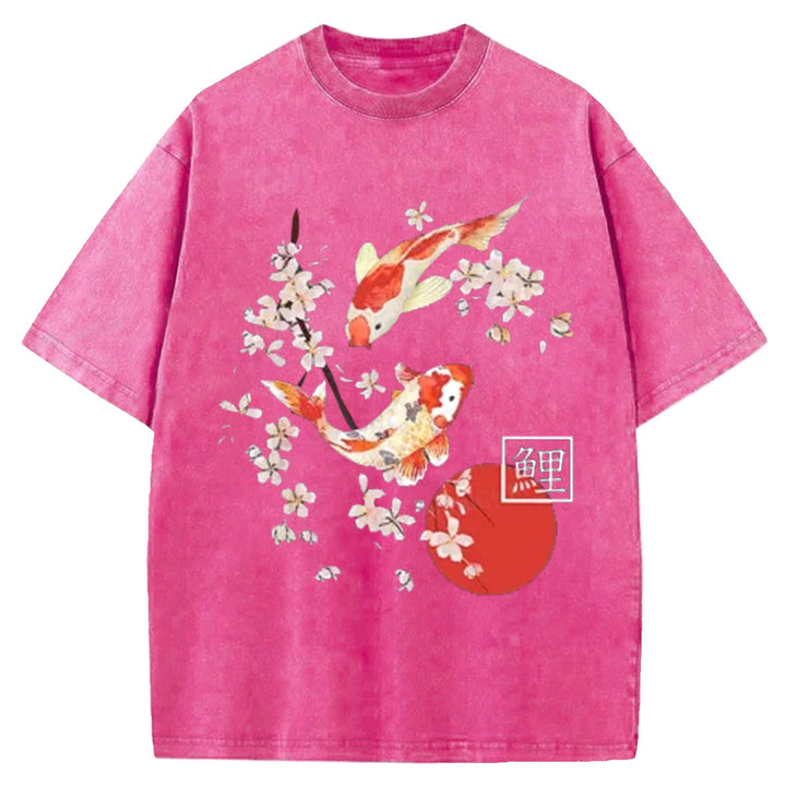 Traditional Asian Cherry Blossom Art Washed Crew Neck T-Shirt