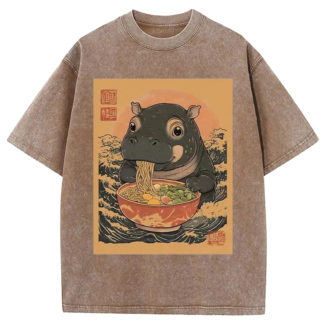 Hippo Eats Ramen Washed Crew Neck T-shirt