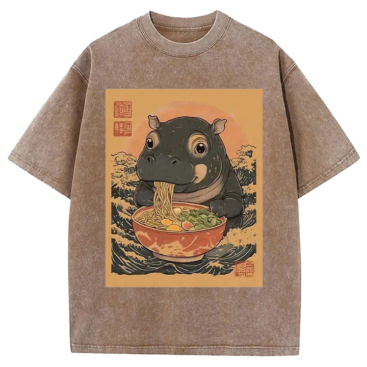 Hippo Eats Ramen Washed Crew Neck T-shirt