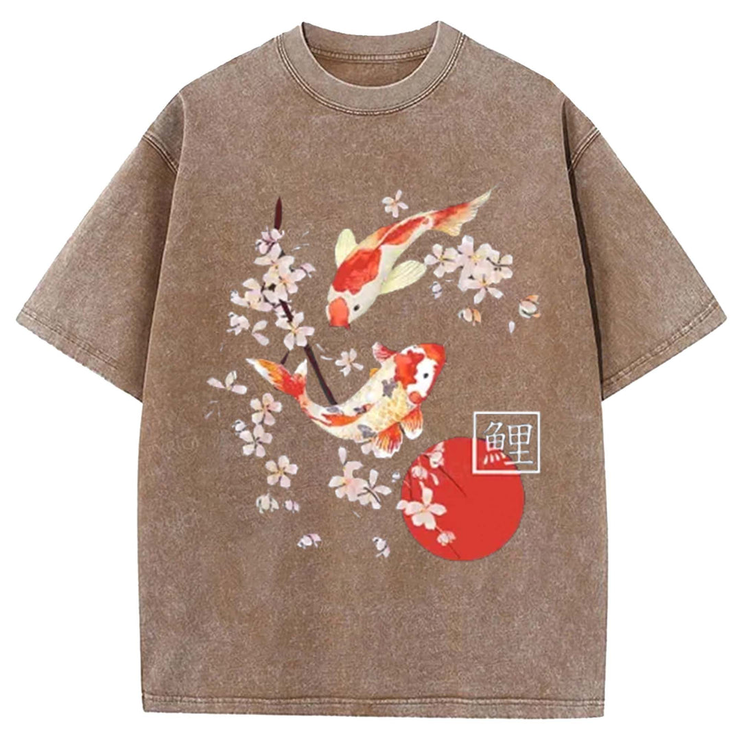Traditional Asian Cherry Blossom Art Washed Crew Neck T-Shirt