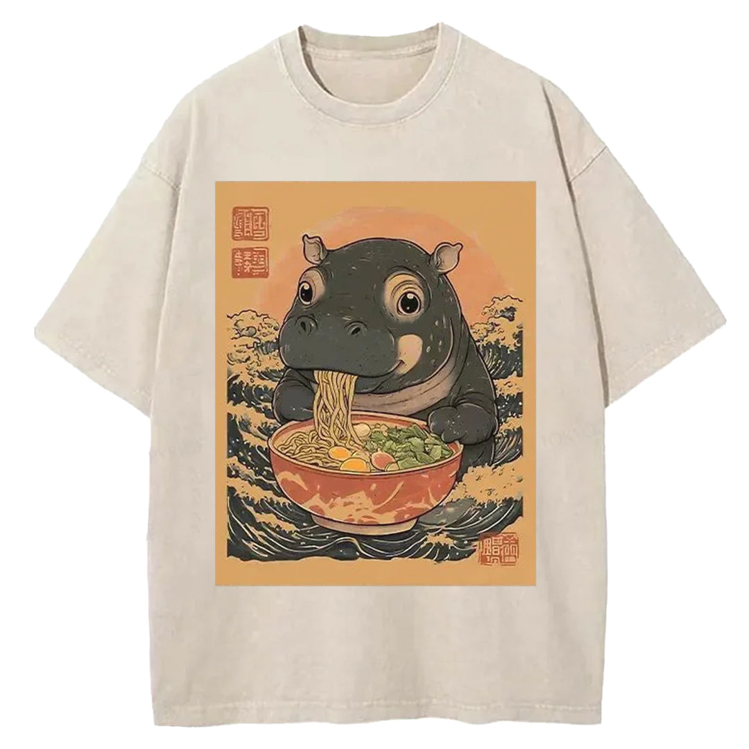 Hippo Eats Ramen Washed Crew Neck T-shirt